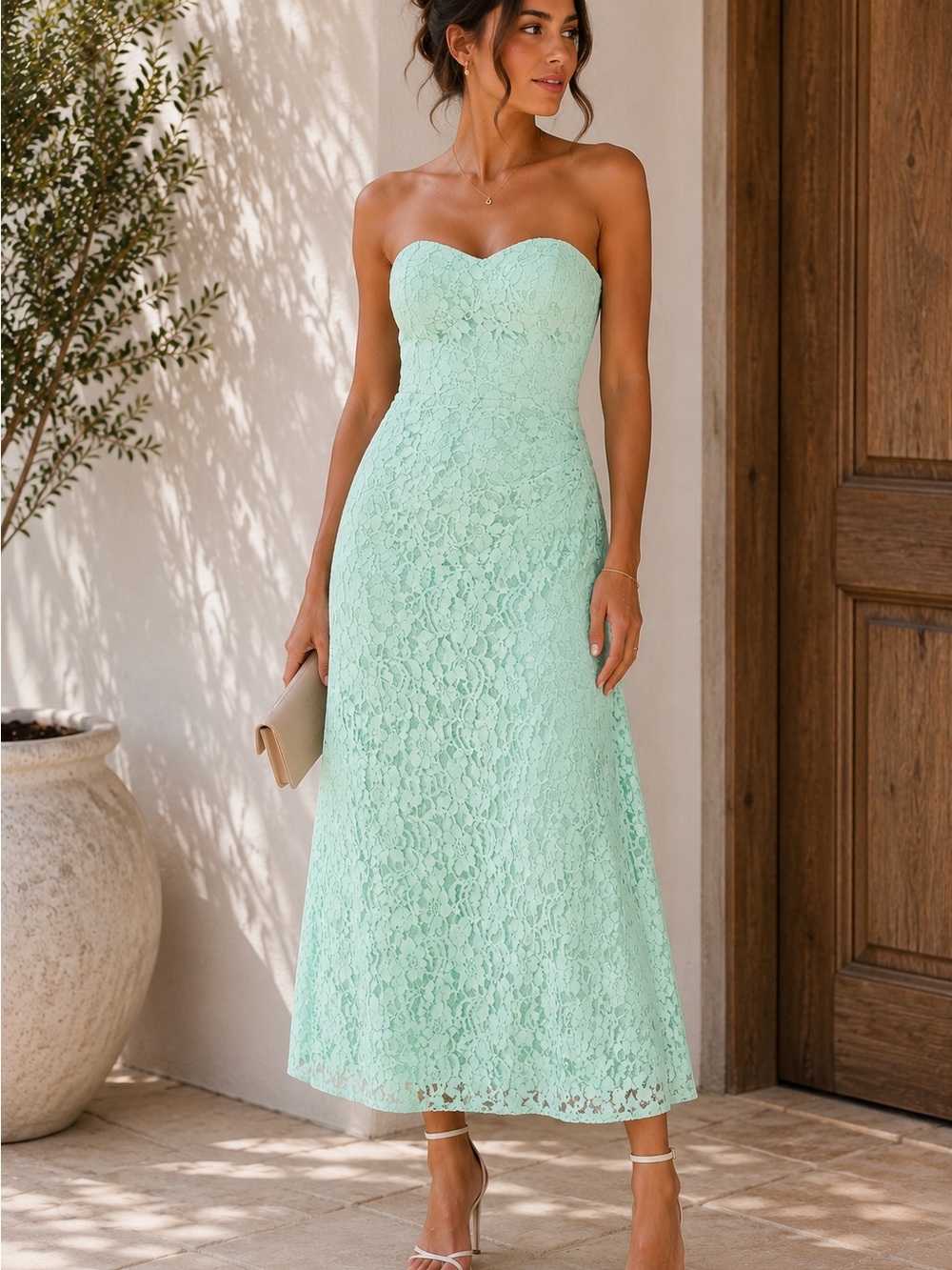 David’s Bridal Tiffany Blue Lace Strapless Midi Dress – Size 10